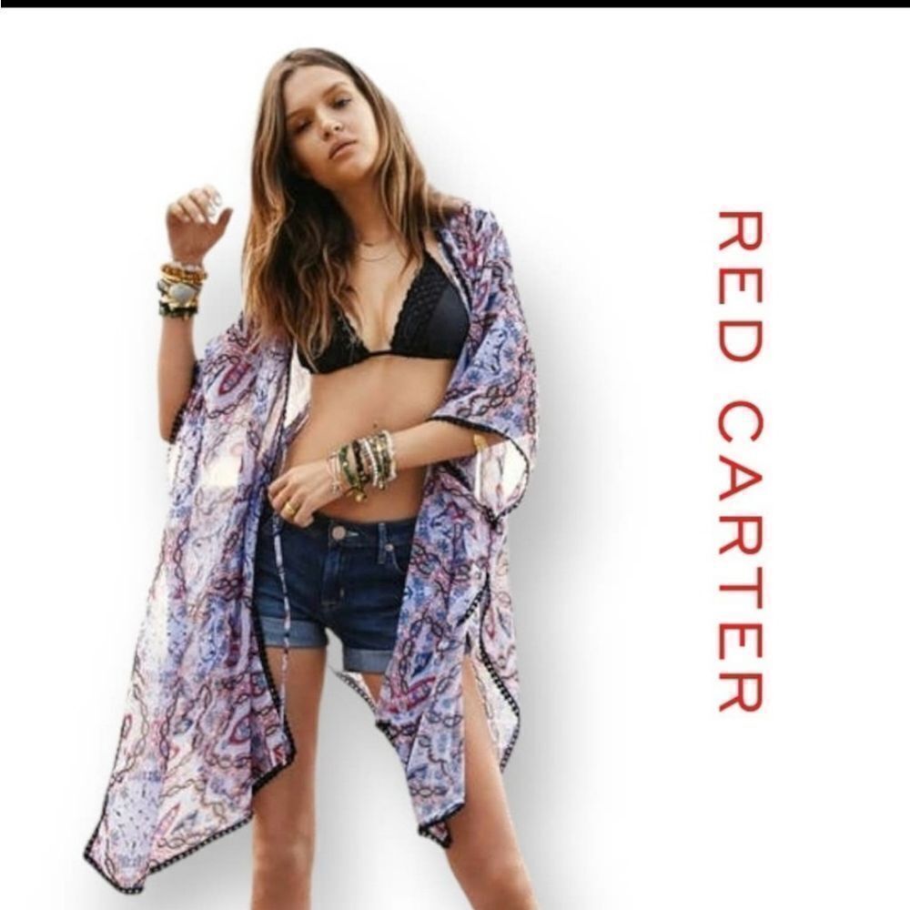 Red Carter Kimono Sleeve Print Chiffon Cover-Up sz 4